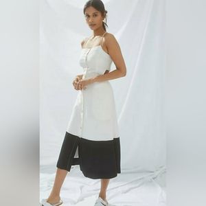 MAEVE ANTHROPOLOGIE BLACK WHITE LINEN BUTTON FRONT OPEN SMOCKED BACK MAXI DRESS